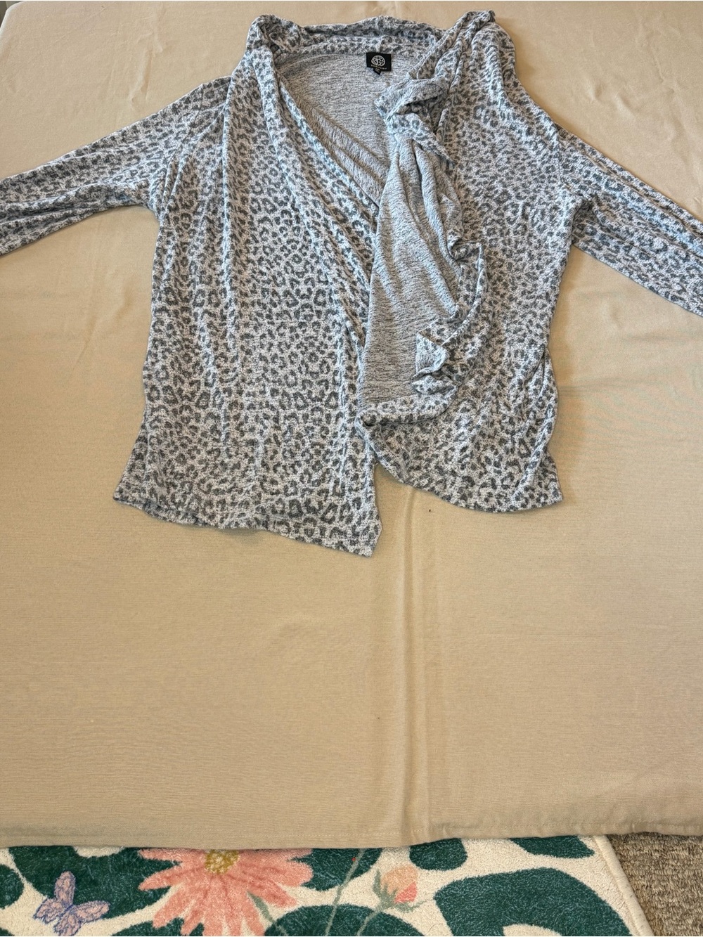 Bobeau Gray Leopard Print Ruffle Cardigan